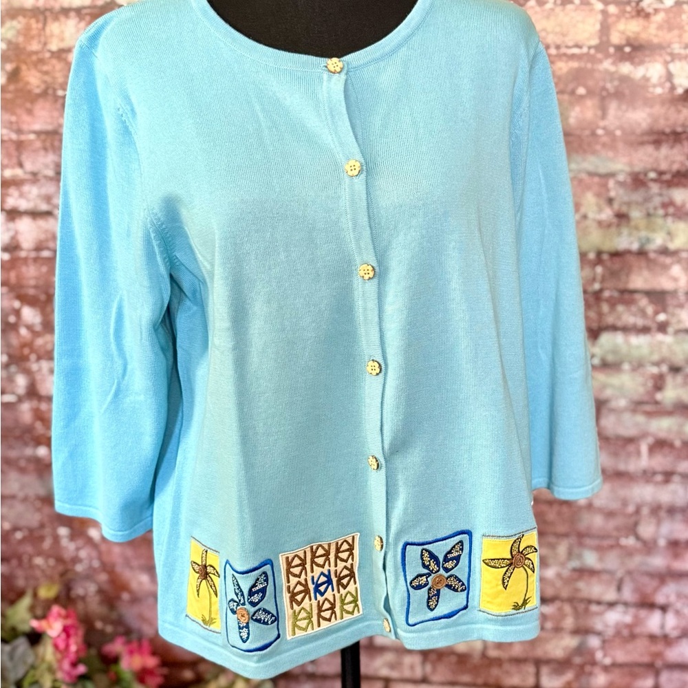 Christopher & Banks Sky Blue Embroidered Hem Button Cardigan